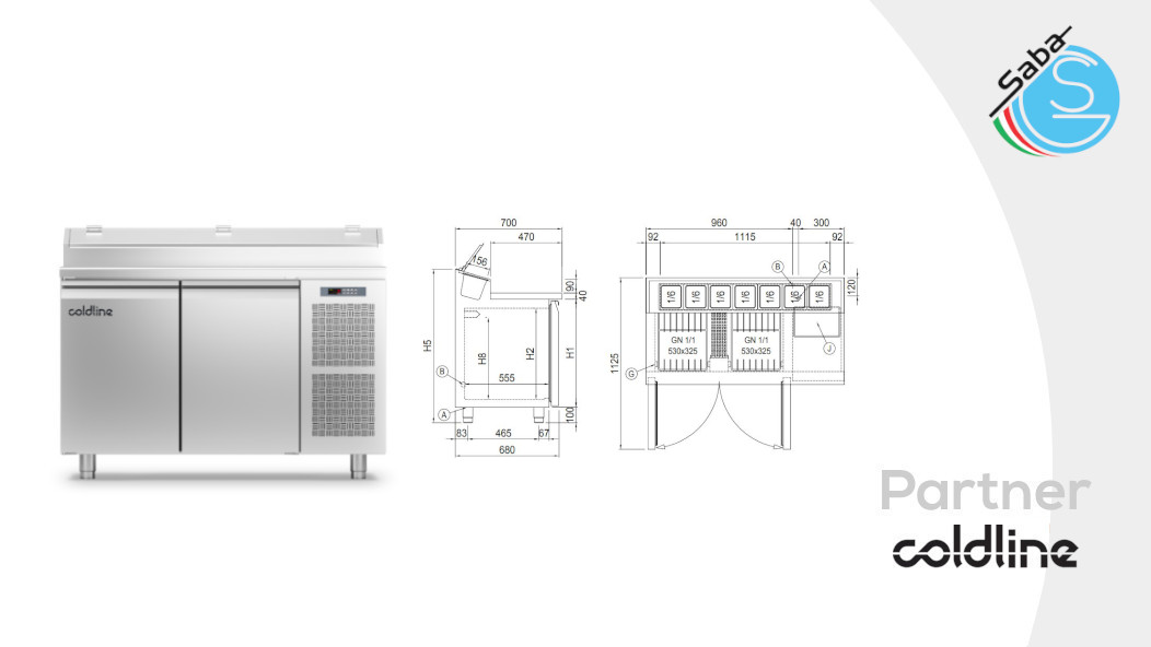 PRODOTTO/I: Tavolo Prep-station GN1/1 2 porte -2°+8°C TVG13/1M-1/6-760 COLDLINE