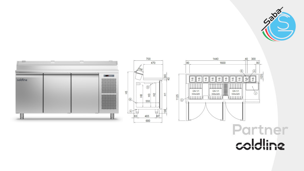 PRODOTTO/I: Tavolo Prep-station GN1/1 3 porte -2°+8°C TVG17/1M-1/6-760 COLDLINE