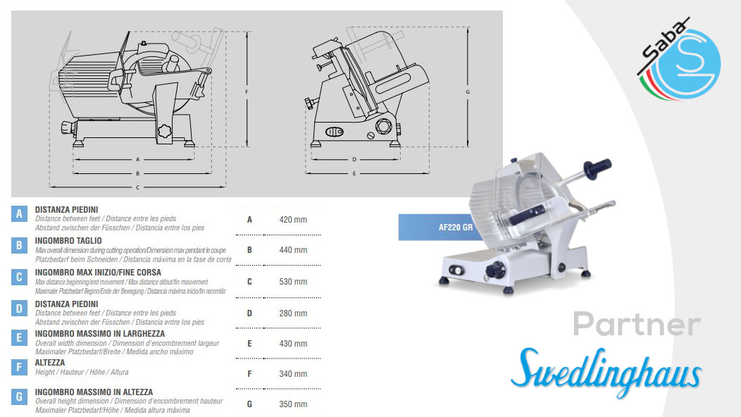 PRODOTTO/I: Affettatrice a gravità AF220 GR Swedlinghaus