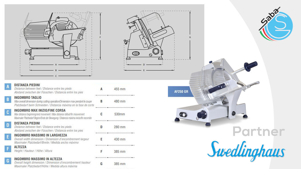 PRODOTTO/I: Affettatrice a gravità AF250 GR Swedlinghaus