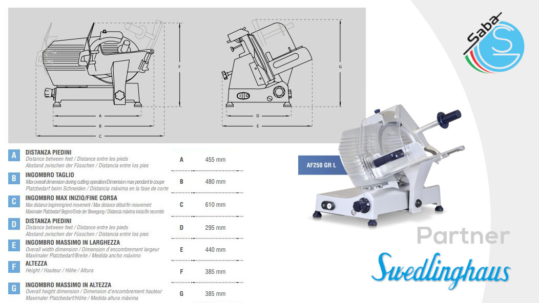 PRODOTTO/I: Affettatrice a gravità AF250 GR L Swedlinghaus