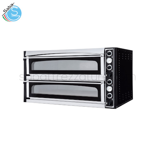 Forno elettrico per pizza SUPERIOR XL 66L GLASS SABA - Temp. d'esercizio °C 45 / 450 - Alim. (volt) 400 - Camere 2 - Potenza (KW) 18,0 - Dim. esterne (cm L x P x A) 136 x 94 x 74,5 - Dim. interne (cm L x P x A) 108 x 72 x 14 - Peso netto (Kg) 218