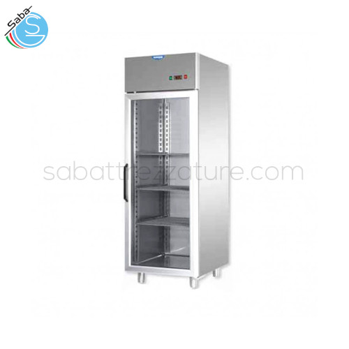 Armadio refrigerato 600 0/+10 °C 1 porta in vetro - Capacità: Lt 600 - Dimensioni: cm 71x70x203/210H - Peso: Kg 122 - Alimentazione: 230 V, 50 Hz  - Assorbimento: W 385