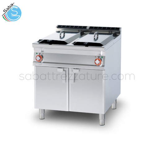 FRIGGITRICE GAS LT. 18+18 2 vasche cm. 24x51x44h - 2 cesti cm. 21x45x15h 2 coperchi vasche - Prod. patate: 30 kg/h - Dimensioni cm 80 x 90 x 90h - Potenza gas 30 kW 25.770 kcal/h - Potenza elettrica 0,01 kW - Alim.: 230 V, 50 Hz - Peso 116 kg