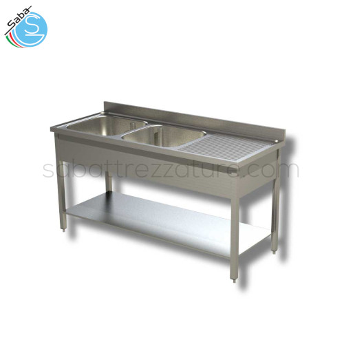 Lavello in acciaio inox 18/10 AISI 304 aperto su gambe in tubo quadro con alzatina posteriore e ripiano inferiore, con nr.2 vasche a sinistra e nr.1 gocciolatoio a destra - Dimensioni vasche 50x50x30H cm -  Dimensioni lavello 180Lx70Px85H cm