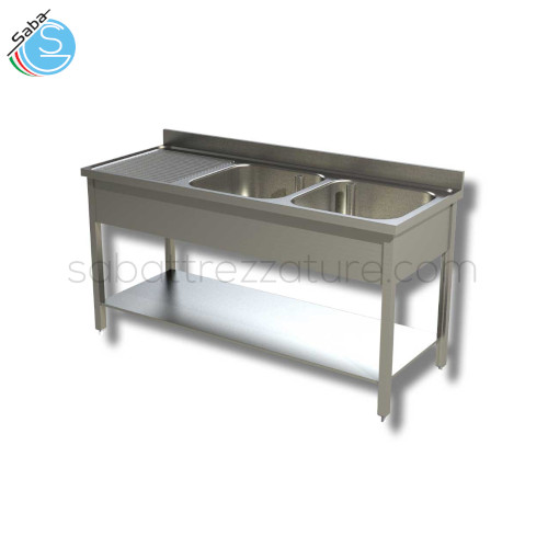 Lavello in acciaio inox 18/10 AISI 304 aperto su gambe in tubo quadro con alzatina posteriore e ripiano inferiore, con nr.2 vasche a destra e nr.1 gocciolatoio a sinistra - Dimensioni vasche 50x50x30H cm -  Dimensioni lavello 180Lx70Px85H cm