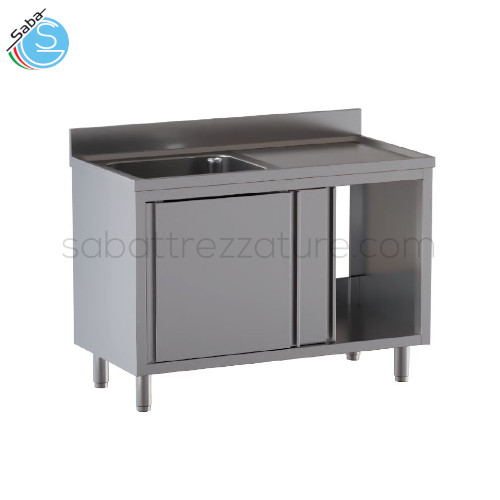 Lavello in acciaio inox 18/10 AISI 304 armadiato con 2 porte scorrevoli, con nr. 1 vasca a sinistra e nr. 1 gocciolatoio a destra - Dimensioni cm L130xP60xH85 - Dimensioni vasca cm L50xP40xH30 - Peso netto Kg 61