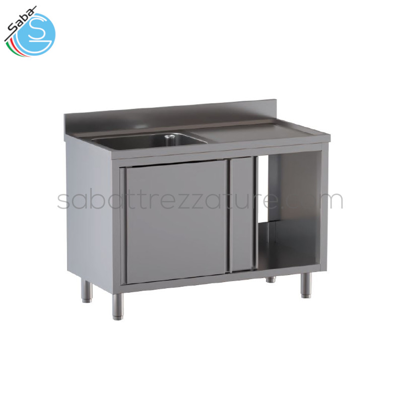 OFFERTA: Lavello in acciaio inox 18/10 AISI 304 armadiato con 2 porte scorrevoli, con nr. 1 vasca a sinistra e nr. 1 gocciolatoio a destra - Dimensioni cm L130xP60xH85 - Dimensioni vasca cm L50xP40xH30 - Peso netto Kg 61