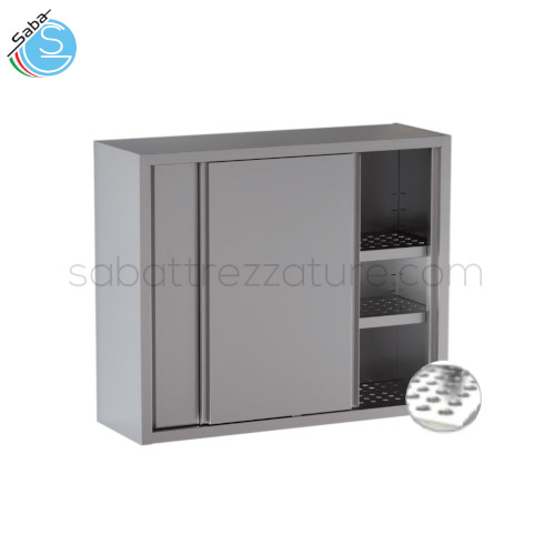 Pensile asolato (forato) con 2 porte scorrevoli e con 2 ripiani asolati (forati) - Acciaio inox 18/10 AISI 304 - Dimensioni cm L130xP40xH100 - Nr. 2 porte scorrevoli - Nr. 2 ripiani intermedi - Peso netto Kg 48