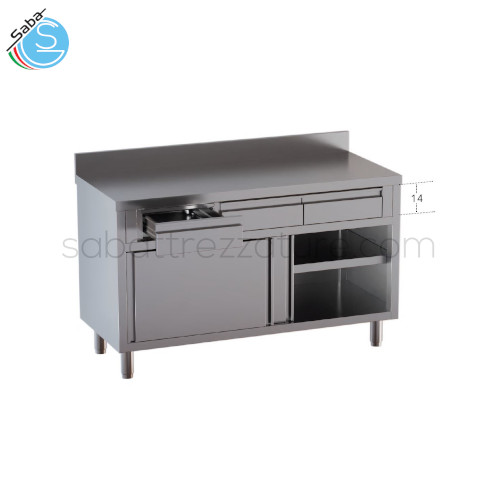 Tavolo armadiato con nr. 3 cassetti in linea e 2 porte scorrevoli, top con alzatina posteriore - Acciaio inox 18/10 AISI 304 - Dimensioni cm L160xP60xH85 - Peso netto Kg 102