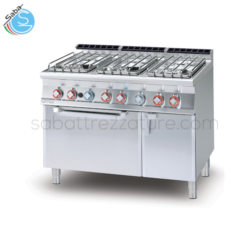 Cucina a gas 6 fuochi - Forno elettrico statico cm. 67x55x34h, temp: 50÷300°C, 1 griglia cm.65x53 GN2/1 - Vano neutro con porta - Dim. cm. 120 x 70,5 x 90H - Pot. gas 35 kW 30.100 kcal/h - Pot. elettrica 5 kW - Alim. trifase - Peso 177 kg