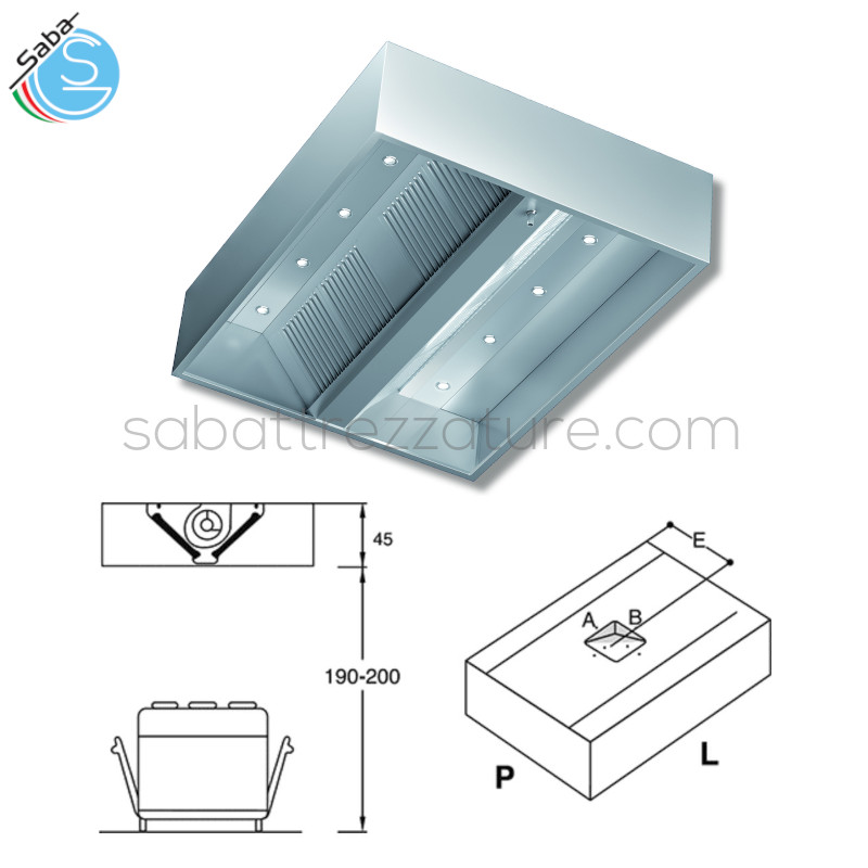 OFFERTA: Cappa serie kubica centrale con motore, faretti led e ventilatore a doppia aspirazione a rotore esterno - Dim. cm P 150 X L 160 - Filtri n° 6 - Luci n° 8  - Portata (Q) m3/h 2000 - Volt 230/1/50 HZ - Watt 145 - SDR 7-7 - Peso kg 145