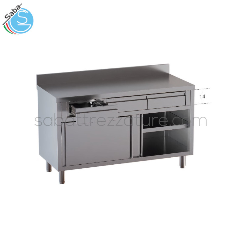 OFFERTA: Tavolo armadiato con nr. 3 cassetti in linea e 2 porte scorrevoli, top con alzatina posteriore - Acciaio inox 18/10 AISI 304 - Dimensioni cm L140xP70xH85 - Peso netto Kg 98