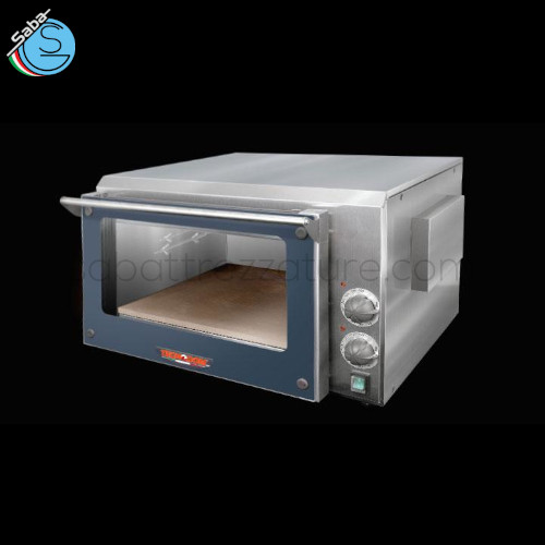 Forno elettrico meccanico 1 pietra refrattaria, 2 termostati, capienza pane / 1 pizza - Dim. camera (LxPxH) 420 x 420 x 206 mm - Dim. esterne (LxPxH) 610 x 620 x 395 mm - Potenza 2,95 kW - Voltaggio 220/240V 1 50/60Hz - Assorbimento 13 A