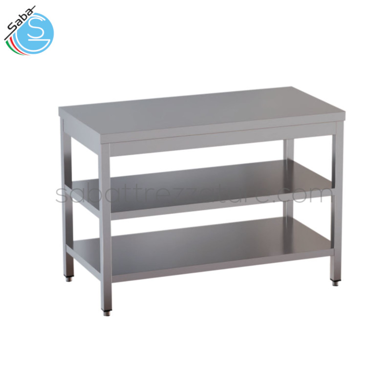 OFFERTA: Tavolo su gambe in acciaio INOX AISI 304 con 2 ripiani - Dimensioni: 200 x 80 x 85H cm