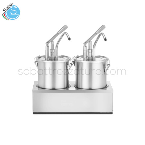 2 contenitori acciaio inox per salsa con dispenser 558119 - Volume massimo (L) 10,00 - Peso netto (kg) 7,08 - Volume utile (L) 9 - Dimensioni (mm) L400xP200x440H