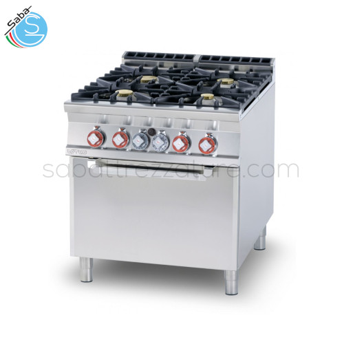 CUCINA a gas cm 80 x 90 x 90h con 4 fuochi (1 da 10 kW + 2 da 7 kW + 1 da 4 kW) - Forno a gas statico cm 67x73x34h, temp: 150÷300°C, con 1 griglia cm 65x71 GN2/1 - Potenza gas: 36,5 kW / 31.390 kcal/h - Tipo gas: Metano / GPL - Peso: kg 166