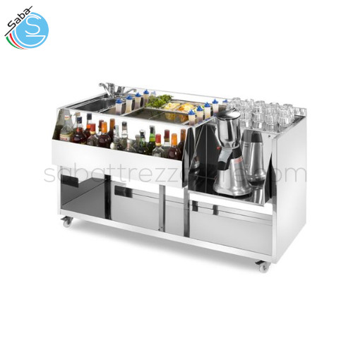 Workstation per cocktail, completa di vasca lavello, in acciaio inox Aisi 304 18/10 - Dimensioni 150x70x83H cm