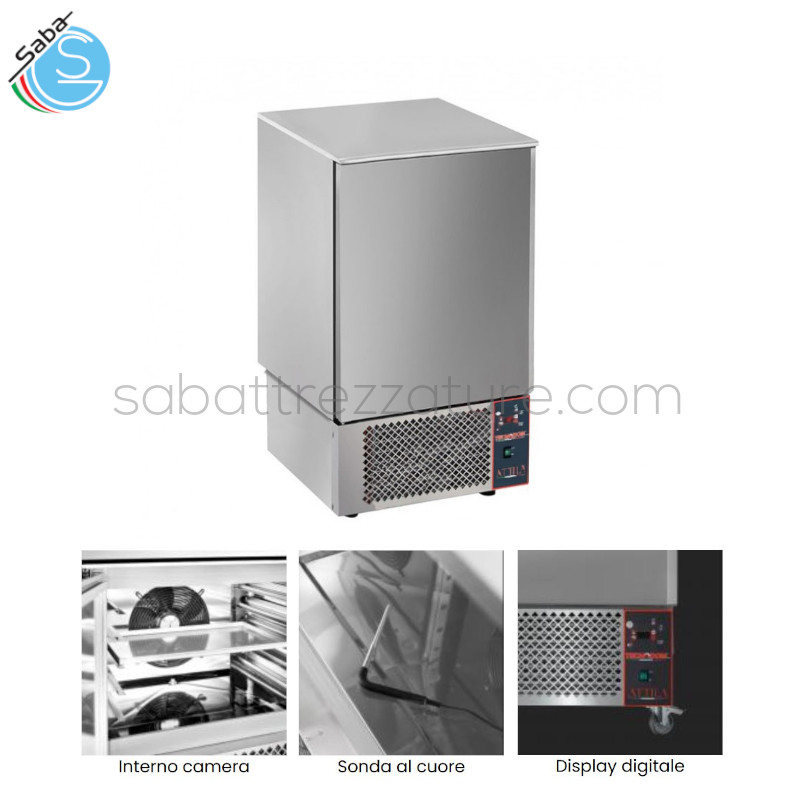 OFFERTA: Abbattitore di temperatura ATTILA in acciaio inox da 10 teglie - Versione Digitale - Refrigerazione ventilata - Sonda camera - Sonda spillone - Guide universali in acciaio inox GN 1/1 - 600 x 400 mm. - Dimensioni 750x750x1260H mm