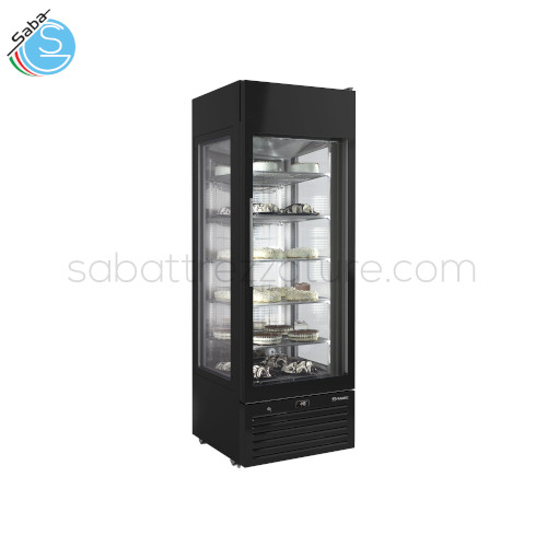 Vetrina espositiva 3 lati vetrati - Nera - Temp. -22°C -15°C - Gas refrig. R290 - Classe clim. 4 - Dim. 668 x 781 x 2000H mm - Peso netto 147.00 kg - Volume netto 317.00 l - Pot. 520.00 W - Cons. 6.40 kWh/24h - Ripiani 6 fissi