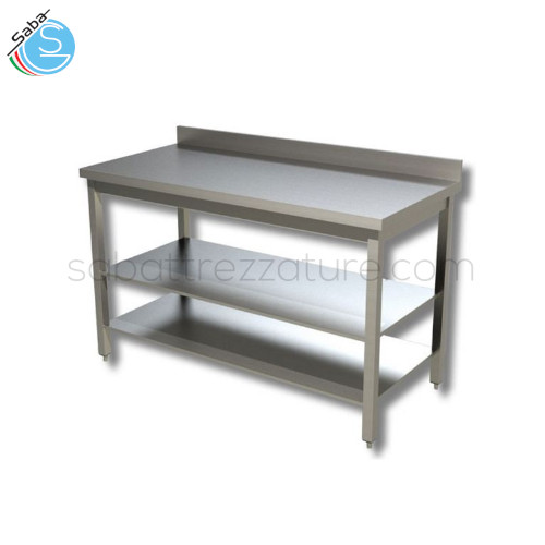 Tavolo su gambe con n.2 ripiani e alzatina - Dimensioni 80x70x85 cm - Interamente in Acciaio Inox AISI 304 - Piano di lavoro tamburato e insonorizzato - Peso 28 kg