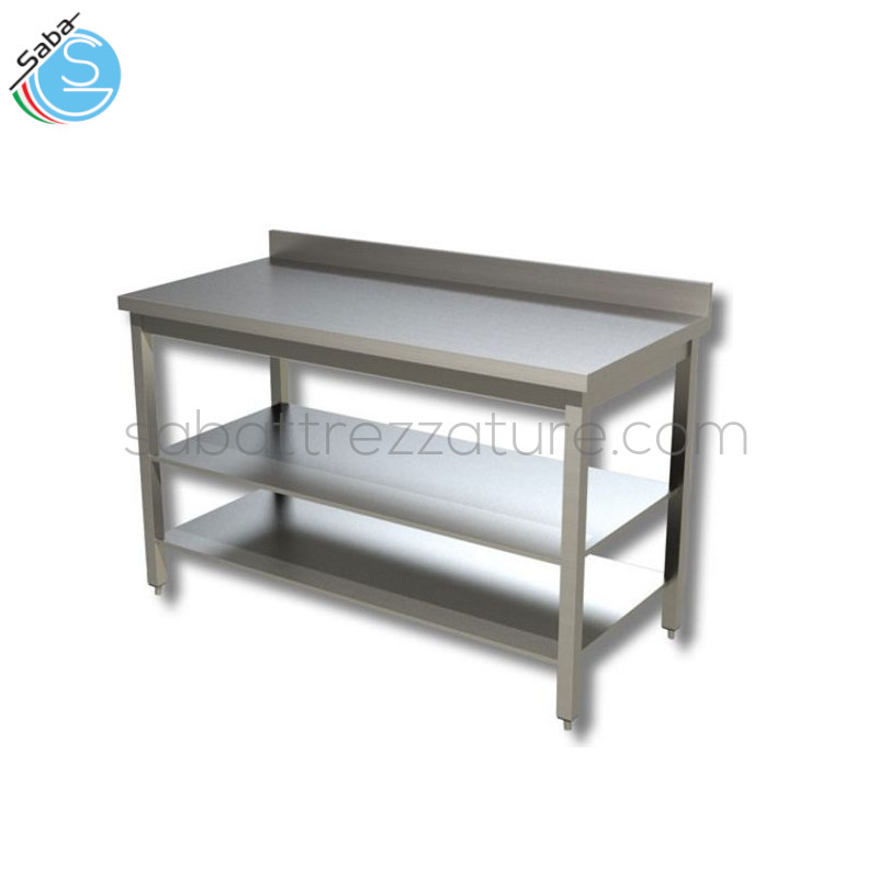 OFFERTA: Tavolo su gambe con n.2 ripiani e alzatina - Dimensioni 80x70x85 cm - Interamente in Acciaio Inox AISI 304 - Piano di lavoro tamburato e insonorizzato - Peso 28 kg