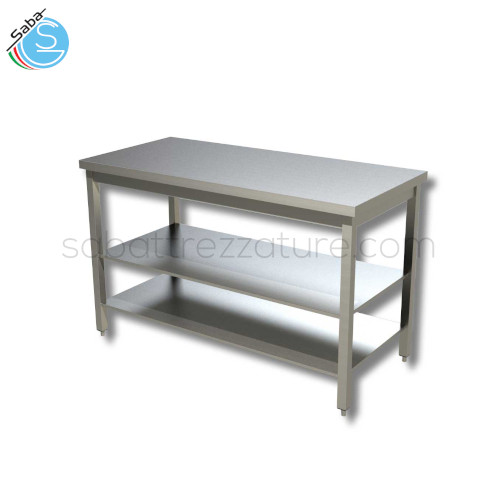 Tavolo su gambe con n.2 ripiani - Dimensioni 200x60x85 cm - Interamente in Acciaio Inox AISI 304 - Piano di lavoro tamburato e insonorizzato - Peso 52 kg