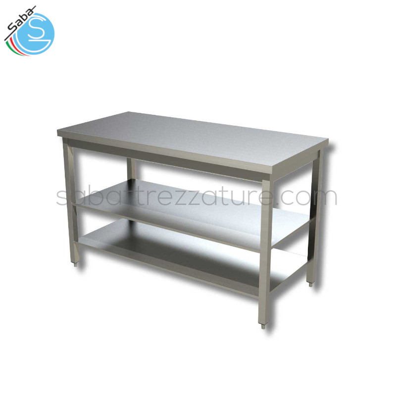 OFFERTA: Tavolo su gambe con n.2 ripiani - Dimensioni 200x60x85 cm - Interamente in Acciaio Inox AISI 304 - Piano di lavoro tamburato e insonorizzato - Peso 52 kg