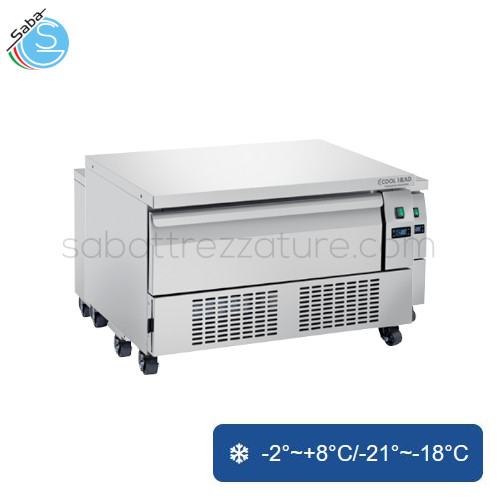 Cassettiera refrigerata singola doppia temperatura (N.2 Vaschette GN1/1) - Dim. 905 x 700 x 605(H) mm - Capacità 78 L - Consumo 2.2/6.5 Kw / 24h - Peso netto 75 Kg - Rum. 42 dB(A) - Potenza Nominale 345 W - Temp. -2°~+8°C/-21°~-18°C