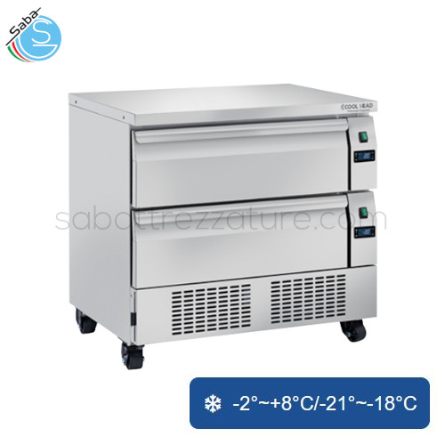 Cassettiera refrigerata doppia temperatura (N.4 Vaschette GN1/1) - Dim. 905 x 700 x 870(H) mm - Capacità 179 L - Consumo 4.4/13 Kw / 24h - Peso netto 135 Kg - Rum. 42 dB(A) - Potenza Nominale 689 W - Temp. -2°~+8°C/-21°~-18°C