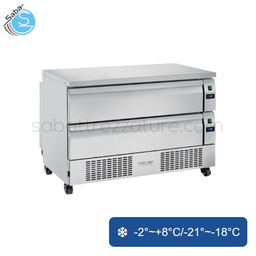Cassettiera refrigerata doppia temperatura (N.6 Vaschette GN1/1) - Dim. 1230 x 700 x 870(H) mm - Capacità 265 L - Consumo 5.2/13.6 Kw / 24h - Peso netto 155 Kg - Rum. 42 dB(A) - Potenza Nominale 689 W - Temp. -2°~+8°C/-21°~-18°C