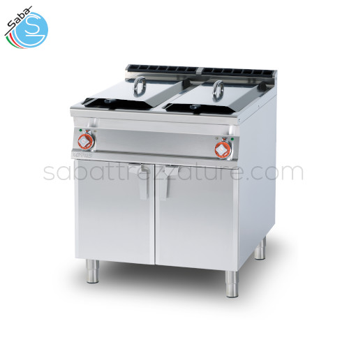 Friggitrice gas lt. 25+25 2 vasche cm. 31x51x44h - 4 cesti cm. 13,5x45x15h - Prod. patate: 50 kg/h (bacinella raccogliolio esclusa) - Dim. cm. 80 x 90 x 90h - Pot. gas 40 kW - Pot. elet. 0,01 kW - Volt 230V~ - Frequenza 50 Hz - Peso 126 kg