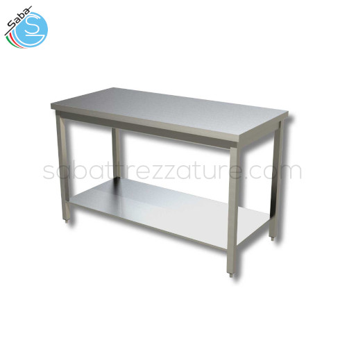 Tavolo aperto su gambe in tubo quadro con n.1 ripiano inferiore e top senza alzatina posteriore - Dimensioni esterne: cm 180x80x85H - Peso: Kg 57