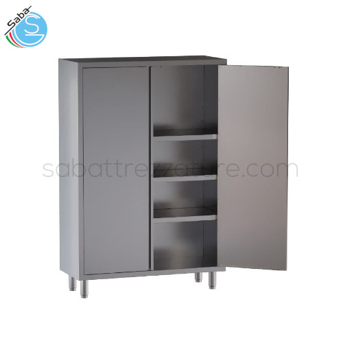 Armadio in acciaio inox 18/10 AISI 304 di riposto chiuso con porte battenti e n.3 ripiani intermedi - Dimensioni esterne: cm 120x70x180H - Peso: Kg 98