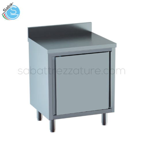 Tavolo in acciaio inox 18/10 AISI 304 armadiato con porta battente e top con alzatina posteriore - Dimensioni esterne: cm 60x70x85h - Peso: 59 Kg