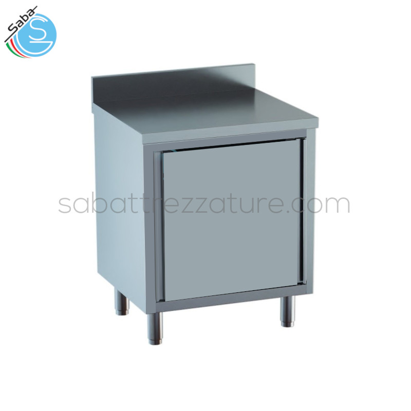 OFFERTA: Tavolo in acciaio inox 18/10 AISI 304 armadiato con porta battente e top con alzatina posteriore - Dimensioni esterne: cm 60x70x85h - Peso: 59 Kg