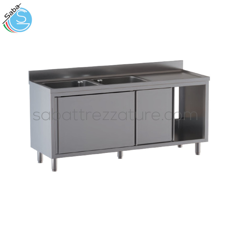 OFFERTA: Lavello armadiato con porte scorrevoli, con n.2 vasche a sinistra e n.1 gocciolatoio a destra - Dimensioni esterne: cm 140x70x85H - Dimensioni vasche: cm 40x50x30H (cadauna) - Peso netto: kg 68