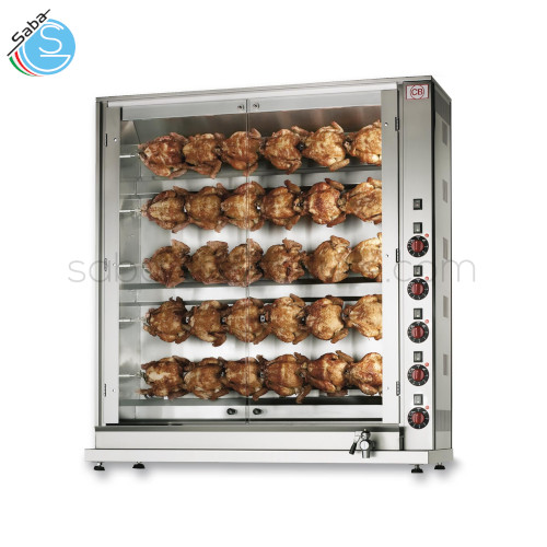 Girarrosto elettrico professionale 30 polli - Aste 5 - Capacità (kg) 30 - Capacità polli 30 - N. camere 1 - Dimensioni (L x P x H) mm 1160 x 450 x 1250 - Alimentazione Trifase - Potenza (KW) 15 - Peso (kg) 113