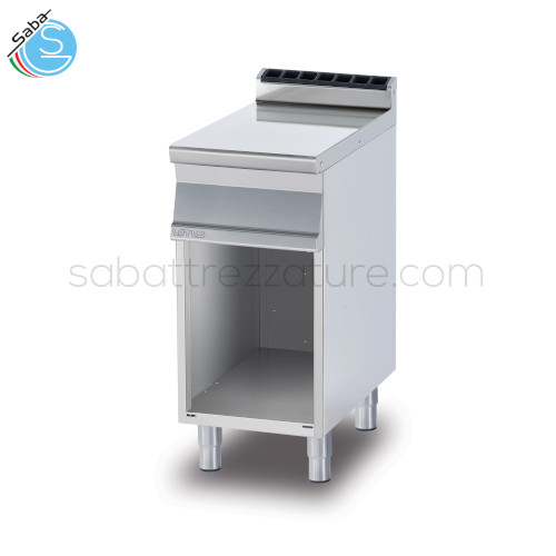 Piano di lavoro su mobile a giorno, dotato di alzatina posteriore, realizzato in acciaio inox CrNi 18/10 AISI 304 - Dimensioni cm. 40 x 70,5 x 90h - Peso 40 kg