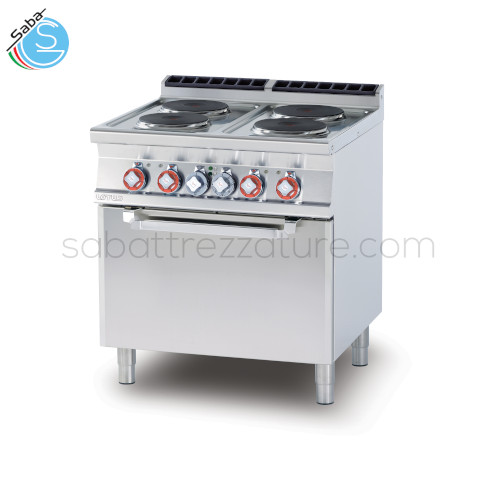 Cucina elettrica 4 piastre - Forno elettrico ventilato cm. 55x36x34h, temp: 50÷300°C, con 1 griglia cm.53x32,5 GN1/1 - Dimensioni cm. 80x 70,5x 90h - Potenza elettrica 15,72 kW - Voltaggio 400V~3N - Frequenza 50/60 Hz - Peso 112 kg