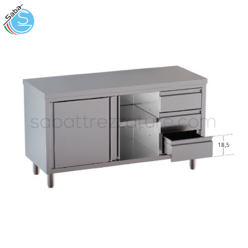 Tavolo armadiato in acciaio inox 18/10 AISI 304 - Top senza alzatina posteriore - n.2 porte scorrevoli - N.3 cassetti verticali a destra - Dimensioni esterne cm 180 x 60 x 85H - Peso kg 110