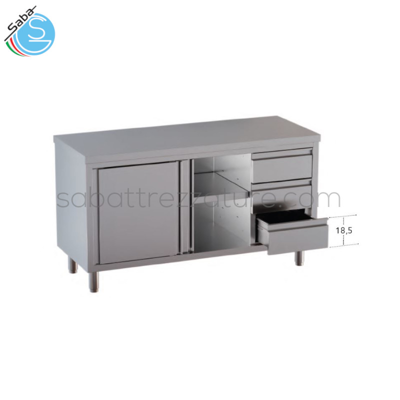 OFFERTA: Tavolo armadiato in acciaio inox 18/10 AISI 304 - Top senza alzatina posteriore - n.2 porte scorrevoli - N.3 cassetti verticali a destra - Dimensioni esterne cm 180 x 60 x 85H - Peso kg 110