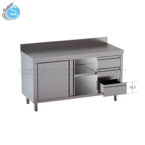 Tavolo armadiato in acciaio inox 18/10 AISI 304 - Top con alzatina posteriore - n.2 porte scorrevoli - N.3 cassetti verticali a destra - Dimensioni esterne cm 180 x 60 x 85H - Peso kg 115