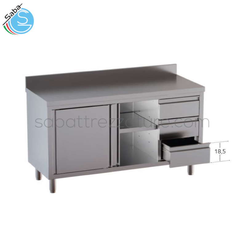 OFFERTA: Tavolo armadiato in acciaio inox 18/10 AISI 304 - Top con alzatina posteriore - n.2 porte scorrevoli - N.3 cassetti verticali a destra - Dimensioni esterne cm 180 x 60 x 85H - Peso kg 115