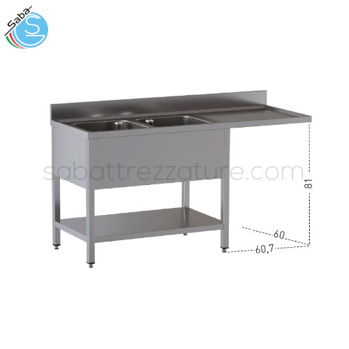 Lavello in acciaio inox 18/10 AISI 304 aperto su gambe in tubo quadro con piedini e ripiano inferiore, n.2 vasche a sinistra, n.1 gocciolatoio a destra con sottostante vano lavastoviglie - Dimensioni esterne cm 180x60x85H - Peso 42 kg