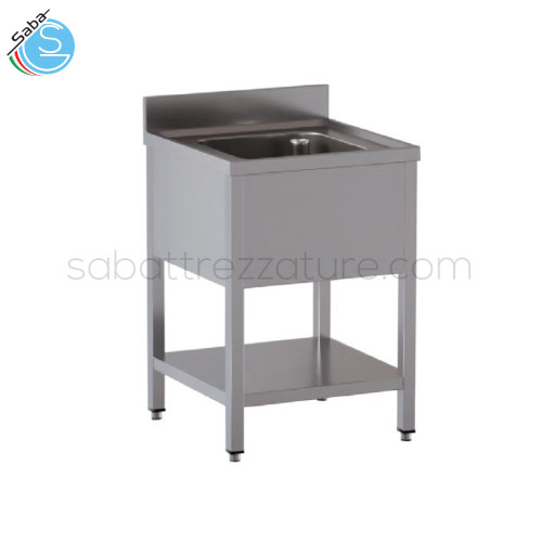 Lavatoio in acciaio INOX AISI 304 con finitura Scotch Brite 18/10 su gambe - Dimensioni lavello: 60x70x85H cm - Dimensione vasca: 40x50x30H cm - 1 Ripiano - Peso: 27 Kg