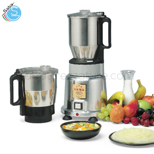 FRULLACUTTER con 2 bicchieri inox intercambiabili - Corpo in alluminio lucido - Interrutore a 2 velocità + impulso - Alimentazione monofase - Potenza 550W - Dimensioni cm. Ø 22 x 45h - Peso kg. 8 - VEMA FC 2084