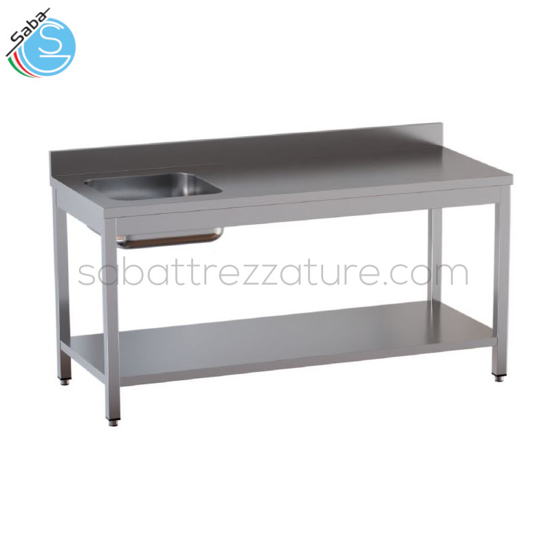 OFFERTA: Tavolo chef vasca a sinistra in acciaio inox 18/10 AISI 304 su gambe in tubo quadro con piedini incassati - Top con alzatina posteriore - Dimensioni 140x60x85H cm - Dimensioni vasca 40x40x20H cm - Peso 39 kg