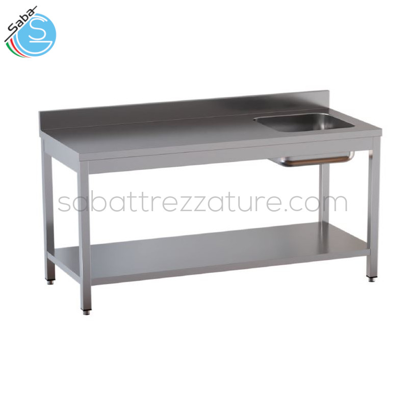 OFFERTA: Tavolo chef vasca a destra in acciaio inox 18/10 AISI 304 su gambe in tubo quadro con piedini incassati - Top con alzatina posteriore - Dimensioni 140x80x85H cm - Dimensioni vasca 40x40x20H cm - Peso 49 kg