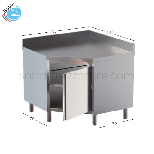 Tavolo armadiato in acciaio inox 18/10 AISI 304 ad angolo con alzatina - 1 Porta battente - Dimensioni 100x100x85H cm - Sezione 70 cm - Peso 91 kg